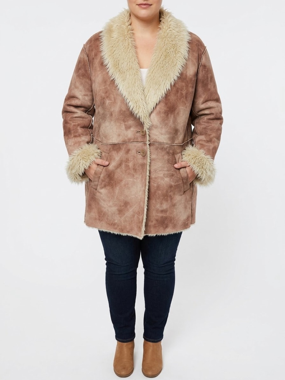 Outbrook Woman Penny Lane Coat 1XL Faux Suede Shearling Fur Boho Vintage Jacket